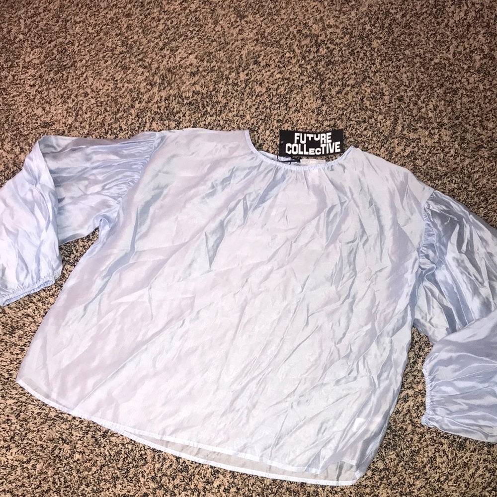 Future Collective Bohemian Sheer Balloon Blue Puff Sleeve Blouse | NWT - Picture 7 of 14